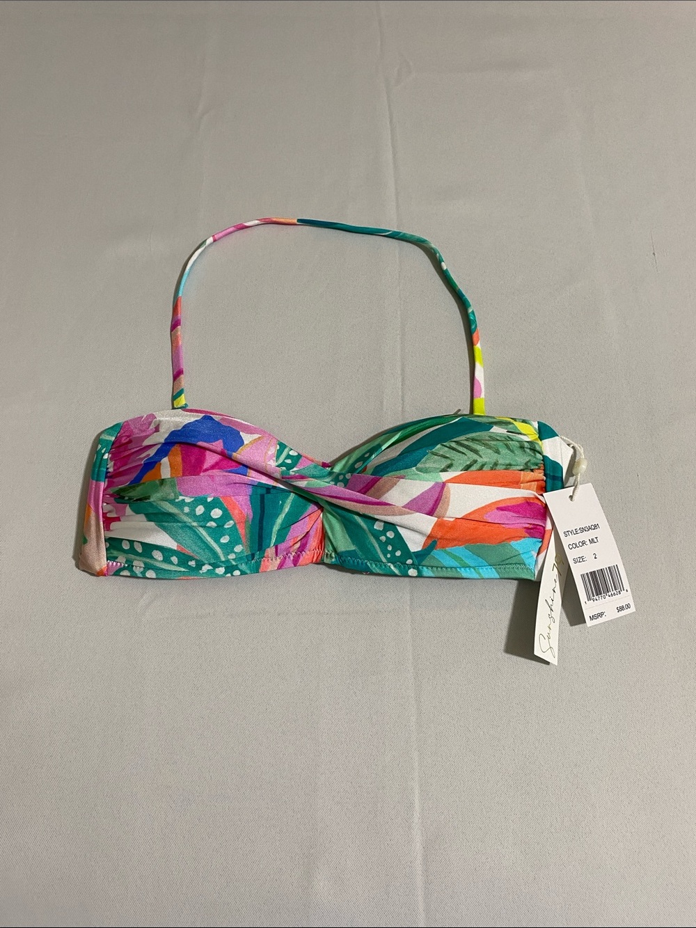 SUNSHINE 79 Twist-front Bandeau Bikini Top w Tropical Print Women's Size 2